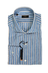 Barba Napoli - Pale Blue/Brown/White Striped Cotton/Linen Spread Collar Shirt 41